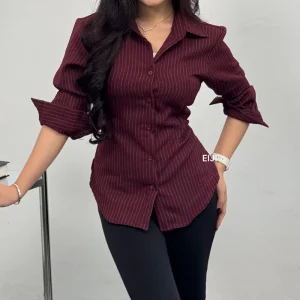 Kemeja Fitted Wanita Fitted Shirt Garis Stripe Karet